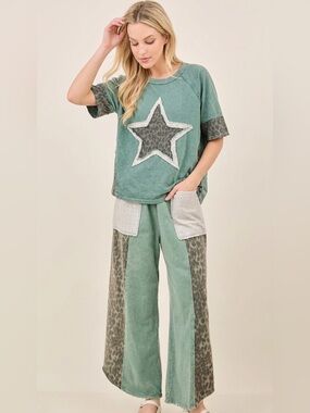 "The Matcha" Green PANTS Mineral Washed Leopard Lace Pockets Cropped Pants